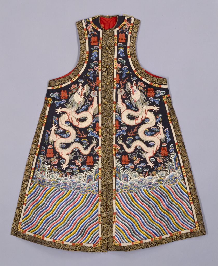 图片[1]-Stone Blue Silk Embroidered Cotton Gown with Rice Beads, Cloud Dragon Double Happiness Pattern-China Archive